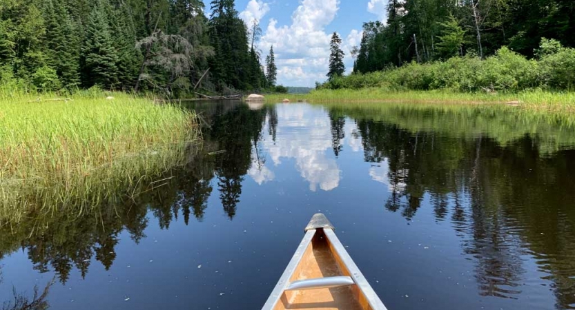 In the foreground, the tip of a canoe appears above very calm water, reflecting the grasses and trees on the shore, and the blue sky and clouds above. 